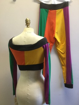 Womens, 1990s Vintage, Piece 1, TRIPP, Gray, Magenta Purple, Orange, Yellow, Black, Cotton, Color Blocking, S, TOP - Décolletage, Long Sleeves, Cropped, Jersey