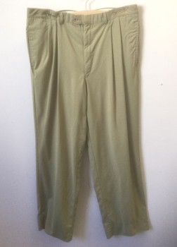 Mens, Slacks, N/L, Khaki Brown, Polyester, Solid, Ins:30, W:36, Double Pleated, Button Tab Waist, Zip Fly, Relaxed Leg, 5 Pockets,