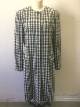 Womens, Coat, DANA BUCHMAN, Gray, White, Black, Wool, Houndstooth, 8, Single Breasted, Round Neck with No Lapel, Padded Shoulders, Hidden Button Placket, 2 Pockets at Hips, Mid Calf Length,