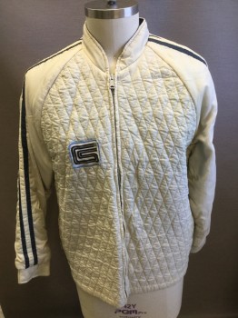 Mens, Jacket, NL , Off White, Navy Blue, Black, Nylon, Solid, Stripes, 44, Stand Up Collar, Zip Front,  Quilted Front and Back,  Navy and Off White Sleeve Stripes, Zip Pockets, Black and Light Blue Patch on Front, Ford Patch on Sleeve, Navy Lining