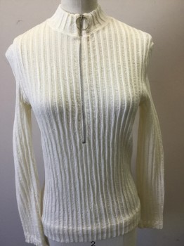 Womens, Top, NL, Cream, Polyester, Solid, S, Rib Knit, Mock Neck, Ls, Zip Half Front