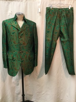 NO LABEL, Brown, Green, Black, Synthetic, Paisley/Swirls, Brown with Green & Black Paisley Print, Folded Collar Attached, Notched Lapel, 4 Buttons (missing 2), 3 Pockets,