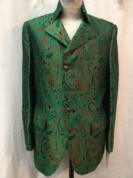 NO LABEL, Brown, Green, Black, Synthetic, Paisley/Swirls, Brown with Green & Black Paisley Print, Folded Collar Attached, Notched Lapel, 4 Buttons (missing 2), 3 Pockets,