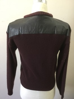 SIR BEAU, Red Burgundy, Black, Acrylic, Leather, Color Blocking, Pullover, 3 Snaps Diagonal Left Side, Zipper Right Side, Pieced Leather, Knit Long Sleeves and Back