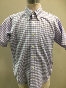 BROOKS BROS, Purple, White, Cotton, Check , Button Front, Short Sleeves, 1 Pocket, Button Down Collar Attached