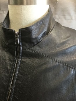 Mens, Leather Jacket, REMY, Black, Leather, Solid, 2XL, Zip Front, Stand Collar, 2 Zip Pockets