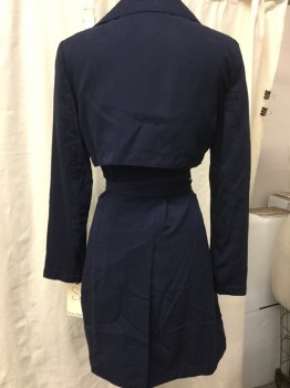 Womens, Coat, Trenchcoat, BANANA REPUBLIC, Navy Blue, Tencel, Lyocell, Solid, S, No Buttons, Self Tie Belt, Collar Attached, 2 Welt Pocket,