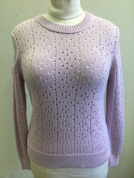 Womens, Pullover, POINT SUR, Lavender Purple, Cotton, Solid, M, Knit with Open Holes/Circles Throughout, Long Sleeves, Crew Neck