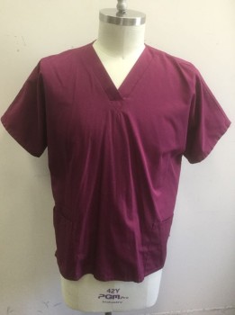 CHEROKEE, Red Burgundy, Poly/Cotton, Solid, Short Sleeves, V-neck, 3 Patch Pockets at Hips