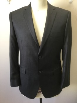 PORTOFILO, Dk Gray, Polyester, Viscose, Solid, Single Breasted, Notched Lapel, 2 Buttons, 3 Pockets, Black Self Paisley Pattern Lining