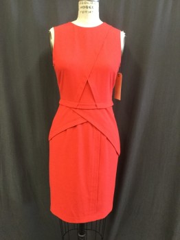 BCBG, Red, Polyester, Solid, Crew Neck, Sleeveless, Zip Back, Irregular Criss Cross Tucks, Straight