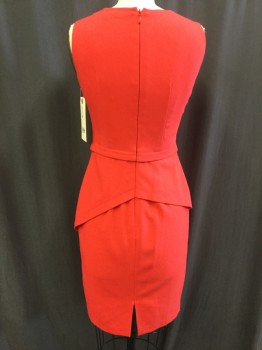 BCBG, Red, Polyester, Solid, Crew Neck, Sleeveless, Zip Back, Irregular Criss Cross Tucks, Straight