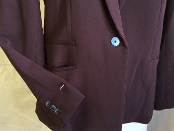 Womens, Blazer, CONTEMPORAINE, Maroon Red, Black, Gray, Off White, Mauve Pink, Synthetic, Polyester, Solid, Floral, B 36, 12, Maroon with Black/maroon/gray/off White/mauve Large Floral Print Lining, Shawl Lapel, Single Breasted, 1 Large Black Button, Long Sleeves, 3 Pockets, 1 Slit Back Center Hem