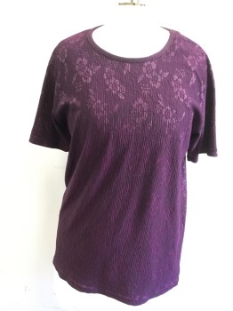 KAVIO, Aubergine Purple, Polyester, Floral, Self Textured Stripe, Shadow Floral Pattern, Scoop Neck, Short Sleeves