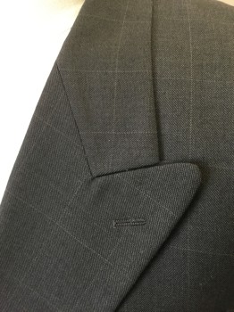 Mens, 1980s Vintage, Suit, Jacket, JONES NEW YORK, Charcoal Gray, Brown, Wool, Grid , Birds Eye Weave, 42R, Dotted Weave with Faint Brown Grid Stripes, Double Breasted, Peaked Lapel, 3 Pockets,