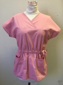 N/L, Pink, Poly/Cotton, Solid, Crossover V-neck Yoke , Drawstring Waist with Left Side Tie, Short Sleeves, 2 Pockets,