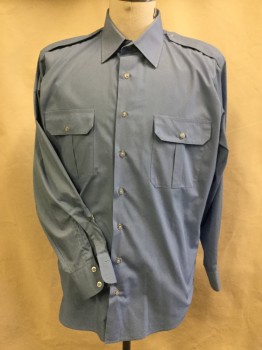 NO LABEL, Lt Blue, Polyester, Solid, Collar Attached, Button Front, 2 Pockets with  Flap, Long Sleeves, Epaulettes