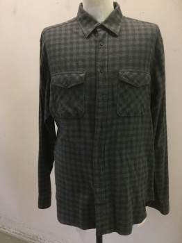 BILLY REID, Dk Gray, Dk Green, Cotton, Check , Button Front, Collar Attached, 2 Pockets, Long Sleeves,