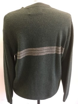 Mens, Pullover Sweater, ABERCROMBIE & FITCH, Forest Green, Beige, Black, Wool, Stripes - Horizontal , 40, Medium, Crew Neck, Long Sleeves,