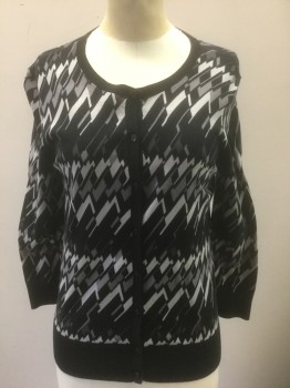 HALOGEN, Gray, Black, Lt Gray, White, Cotton, Geometric, Knit, 3/4 Sleeves, Scoop Neck, Button Front