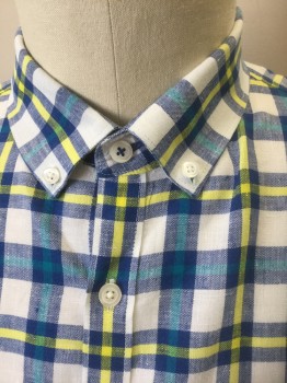 PENGUIN, White, Black, Yellow, Turquoise Blue, Linen, Plaid, Short Sleeve Button Front, Collar Attached, Button Down Collar, 1 Pocket, Has a Double