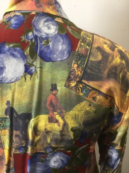 COMO STUDIO, Multi-color, Rayon, Novelty Pattern, Eclectic Pattern with Flowers, Historical Men on Horseback, Dogs, Historical Paintings, Etc, Long Sleeve Button Front, Collar Attached, Oversized Fit, Early 1990's **Has 3 Very Similar Shirts in Set, Not Exact Doubles, As Patterns Don't Exactly Match