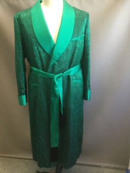 Mens, Robe, N/L, Dk Green, Emerald Green, Silk, Floral, Solid, C:38, M, Brocade, with Emerald Green Ribbed Shawl Lapel and Trim at 3 Welt Pockets and Cuffs, Long Sleeves, Made To Order, **With Matching Emerald Green Belt with Black Fringed Ends, Multiples,
