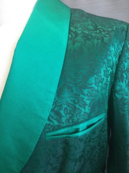 Mens, Robe, N/L, Dk Green, Emerald Green, Silk, Floral, Solid, C:38, M, Brocade, with Emerald Green Ribbed Shawl Lapel and Trim at 3 Welt Pockets and Cuffs, Long Sleeves, Made To Order, **With Matching Emerald Green Belt with Black Fringed Ends, Multiples,
