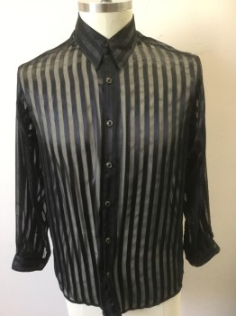Mens, Club Shirt, SANGI, Black, Iridescent Black, Polyester, Stripes - Vertical , L, Sheer Chiffon with Opaque and Iridescent Vertical Stripes, Long Sleeve Button Front, Collar Attached, Black and Bronze Buttons,