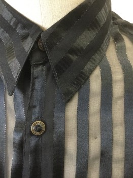 Mens, Club Shirt, SANGI, Black, Iridescent Black, Polyester, Stripes - Vertical , L, Sheer Chiffon with Opaque and Iridescent Vertical Stripes, Long Sleeve Button Front, Collar Attached, Black and Bronze Buttons,