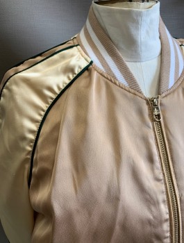 Womens, Casual Jacket, STEVE MADDEN, Gold, Champagne, White, Polyester, Spandex, XL, Bomber Jacket, Gold Satin with Champagne Raglan Sleeves, Beige and White Striped Rib Knit Neck, Cuffs & Hem, Zip Front, Forest Green Piping