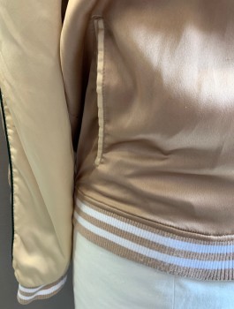 Womens, Casual Jacket, STEVE MADDEN, Gold, Champagne, White, Polyester, Spandex, XL, Bomber Jacket, Gold Satin with Champagne Raglan Sleeves, Beige and White Striped Rib Knit Neck, Cuffs & Hem, Zip Front, Forest Green Piping