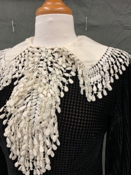 POLLY PECK, Black, White, Cotton, Polyester, Plaid - Tattersall, White Collar with  Trim Attached, White Lace Jabot,White Cuffs with Trim. Long Sleeves,  Lined , Zipper Back( Trim Has Areas Where It is Damaged and Discolored)