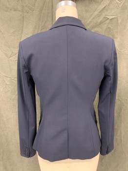 THEORY, Navy Blue, Wool, Elastane, Solid, Single Breasted, Collar Attached, Notched Lapel, 3 Pockets, Long Sleeves