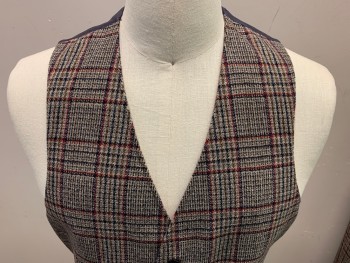 Mens, 1970s Vintage, Suit, Vest, N/L, Khaki Brown, Red, Navy Blue, Brown, Gray, Wool, Plaid, 40, 5 Button Front, 2 Pockets,