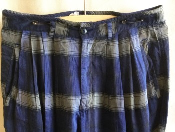 GIRBAUD/MOMENTODUE , Navy Blue, French Blue, Gray, Silk, Linen, Plaid, Plaid-  Windowpane, 1.5" Waistband with Belt Hoops, 4 Pleat Front,