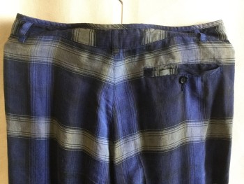 Mens, Pants, GIRBAUD/MOMENTODUE , Navy Blue, French Blue, Gray, Silk, Linen, Plaid, Plaid-  Windowpane, 30/33, 1.5" Waistband with Belt Hoops, 4 Pleat Front,