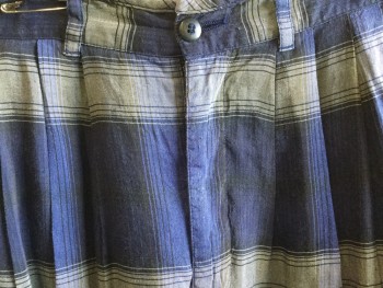 GIRBAUD/MOMENTODUE , Navy Blue, French Blue, Gray, Silk, Linen, Plaid, Plaid-  Windowpane, 1.5" Waistband with Belt Hoops, 4 Pleat Front,