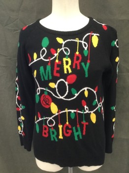 WELL WORN, Black, Red, Green, White, Yellow, Cotton, Novelty Pattern, Christmas Sweater, Black with Knit Christmas Light with "Merry Bright", Scoop Neck, Raglan Long Sleeves, Ribbed Knit Neck/Waistband/Cuff