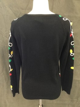 WELL WORN, Black, Red, Green, White, Yellow, Cotton, Novelty Pattern, Christmas Sweater, Black with Knit Christmas Light with "Merry Bright", Scoop Neck, Raglan Long Sleeves, Ribbed Knit Neck/Waistband/Cuff