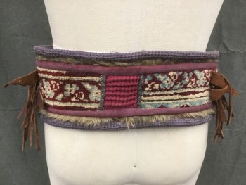 Unisex, Sci-Fi/Fantasy Belt, MTO, Brown, Purple, Red Burgundy, Tan Brown, Leather, Cotton, XL, Two Brown Leather Buckle Belt Front with Studs Over Tan/Burgundy 3" Rug, Rug Trim in Faded Burgundy, Rug Over Fleece with Brown/Black Faux Fur Trim and Purple Waffle Knit Large Piping, Brown Leather Fringe at Sides, Multicultural