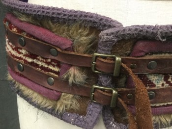 Unisex, Sci-Fi/Fantasy Belt, MTO, Brown, Purple, Red Burgundy, Tan Brown, Leather, Cotton, XL, Two Brown Leather Buckle Belt Front with Studs Over Tan/Burgundy 3" Rug, Rug Trim in Faded Burgundy, Rug Over Fleece with Brown/Black Faux Fur Trim and Purple Waffle Knit Large Piping, Brown Leather Fringe at Sides, Multicultural
