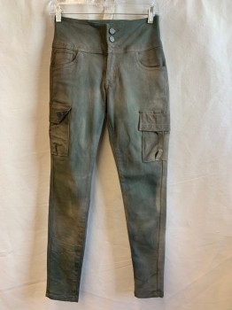 HYBRID, Olive Green, Cotton, Polyester, Solid, Faded, CARGO PANTS, Zip Fly, 2 Button Closure, 5 Pockets, 2 Pockets at Leg, Thick Waistband *Aged/Distressed*