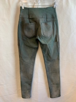 HYBRID, Olive Green, Cotton, Polyester, Solid, Faded, CARGO PANTS, Zip Fly, 2 Button Closure, 5 Pockets, 2 Pockets at Leg, Thick Waistband *Aged/Distressed*
