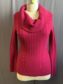 Womens, Pullover, CLASSIQUES ENTIER, Raspberry Pink, Wool, Cable Knit, Diamonds, L, Ribbed Knit Cowl,  Chevron Knit Front with Cable Knit Stripes, Diamond Knit Sides and Sleeves, Ribbed Knit Waistband/Cuff