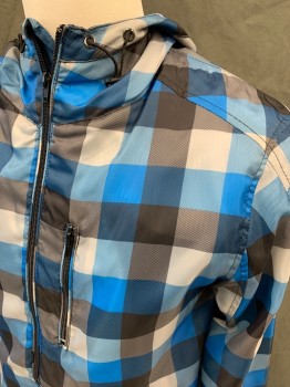 Mens, Casual Jacket, HERITAGE 1981, Blue, Lt Gray, Black, Polyester, Check , M, Zip Front, Drawstring Attached Hood, Long Sleeves, 2 Pockets, Solid Black Ribbed Knit Waistband/Cuff