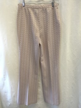 Womens, Pants, N/L, Tan Brown, White, Polyester, Geometric, Abstract , W28-9, Elastic Waist, Flared Leg, Double Knit