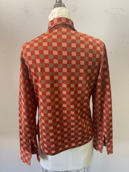 Womens, Blouse, NL, Brick Red, Beige, Lt Green, Polyester, Geometric, Stripes - Diagonal , M, Collar Attached, Button Front, Long Sleeves,