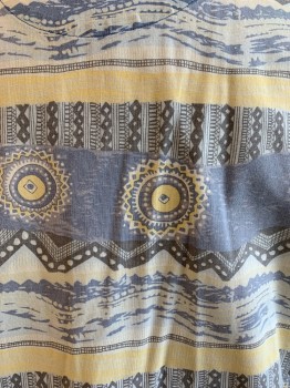 ELLIOTT BAY, Lt Blue, Lemon Yellow, Gray, White, Cotton, Novelty Pattern, Short Sleeves, Open Collar, Sun And Stripes Border Print.
