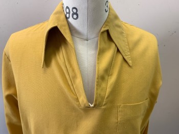 SEARS, Mustard Yellow, Poly/Cotton, Solid, Split V-neck, Collar Attached, Long Sleeves, Pullover, 1 Pocket,
